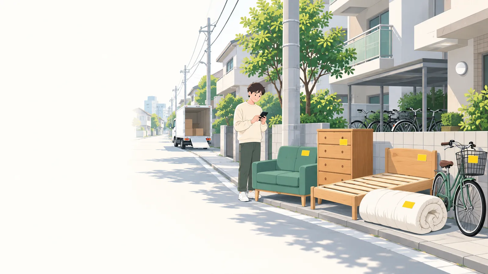収集日の朝、ソファーやたんす、ベッド、自転車に処理券を貼って出している東京の住宅街のイラスト