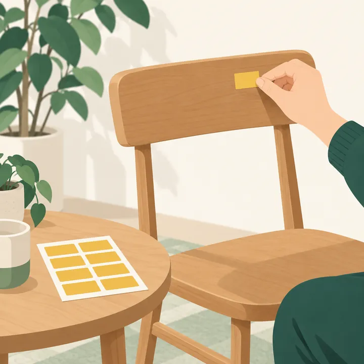 いすの背もたれに処理券を貼っている手